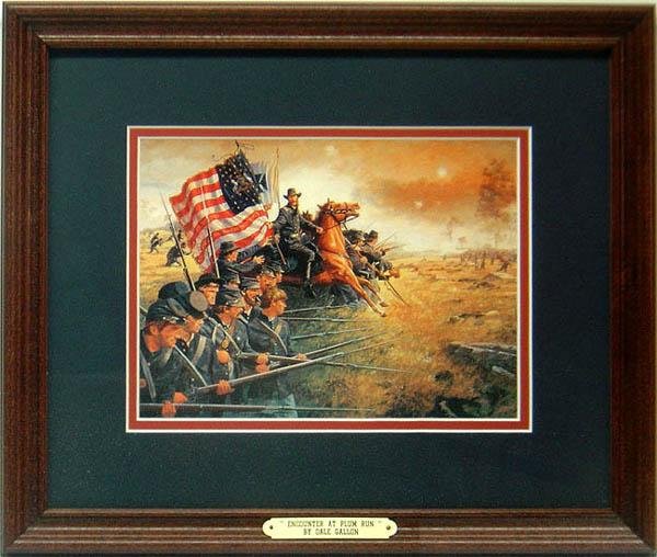 Dale Gallon Encounter of Plum Rum Framed Print: Artist: Dale GallonTitle: Encounter at Plum RumMedium: Print * Frame: Wooden * Frame Size: 11 x 13"Condition: ExcellentBiography * Each of Dale's paintings is a history lesson on canvas. He is known f