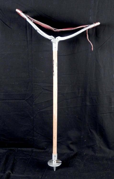 Vintage Seat Cane Folding Walking Stick 1920s-30s: This cane was designed for walking, until the person got tired, in which case it folds into a comfortable seat. It is vintage 1920's or 30's, and is marked 501, Made in Pakistan. The seat is brown lea