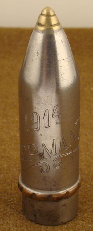 WWI TRENCH ART SHELL ENGRAVED 1914 GERMANY: WWI TRENCH ART SHELL-QUALITY ENGRAVED "1914-GERMANY"-4 3/4" TALL * GREAT BRASS & STEEL QUALITY PIECE *
