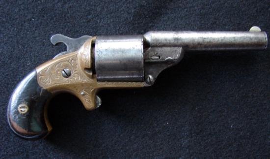 Nice MOORE vest pocket revolver. Five digit serial numb: Nice MOORE vest pocket revolver. Five digit serial number (Civil War era). Round barrel, hand engraved brass frame and excellent mechanical condition. Engraving DR. WILLIAMSON PATENT January 5th&#
