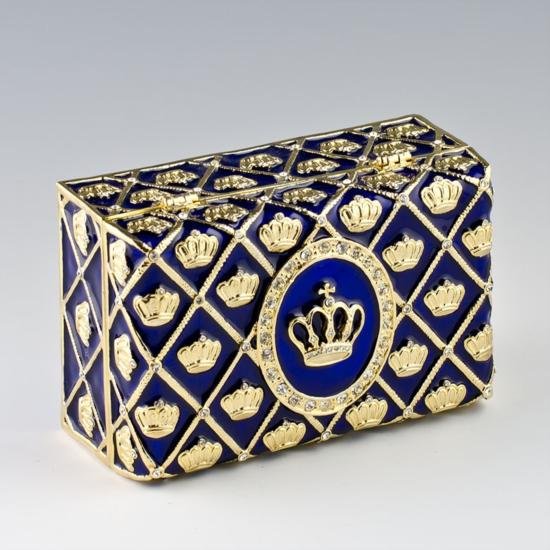 Imperial Crown Faberge Presentation Box: Imperial Crown Faberge Presentation Box, Dimensions: 3.75in (L) X 2.5in (W) 1.5in (H), Weight: 15.5 oz, Material: Pewter, Crystals, Enamel. This box has blue translucent enamel und