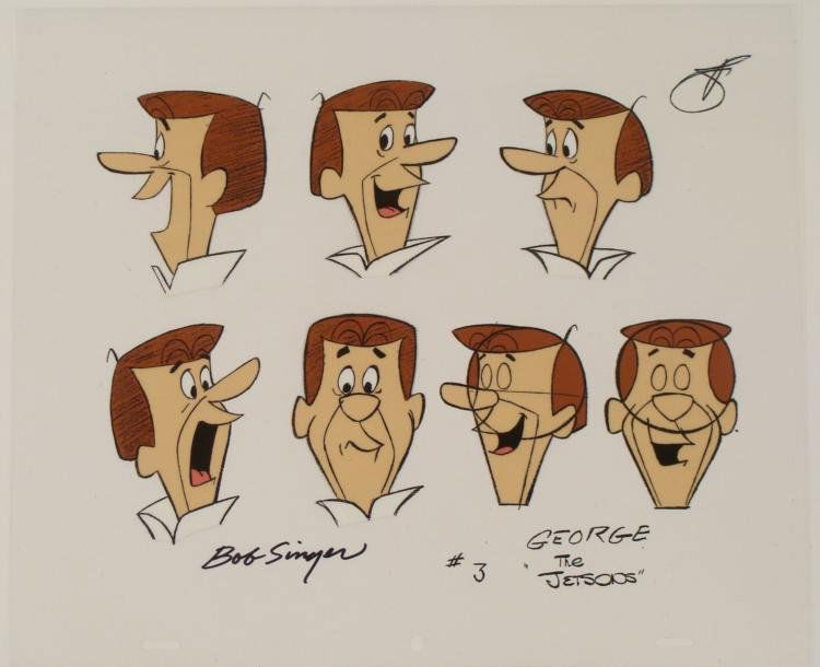 George Jetson Signed Original Model Cel Animation Art: This is an original production animation model cel from the television series "The Jetsons." * Here's Geoprge Jetson- in six different close-up images on this cel, some with circles that helped