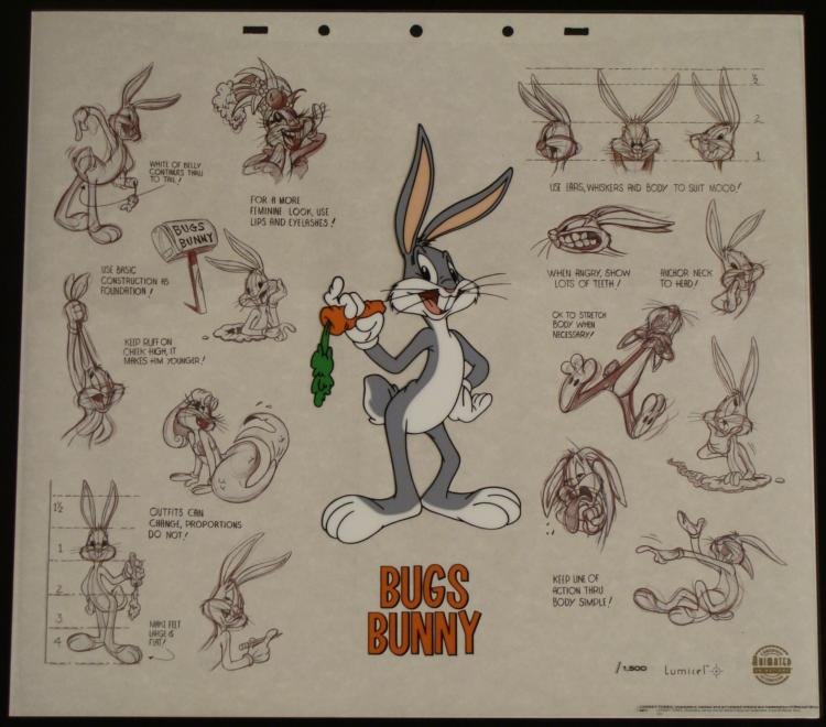 Bugs Bunny Cartoon Animation Cel Art & Background: This Bugs Bunny animation art has more images of Bugs than you can shake a carrot stick at! At the center is a sericel image of Bugs. The drawings on the background are reproductions of model sheet sk