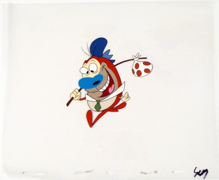 Original Ren and Stimpy Production Art Packed: This is an original production animation cel from the Nickelodeon TV show Ren & Stimpy. The show follows two characters - Ren, a crazy Chihuahua - and - Stimpy, an incredibly stupid