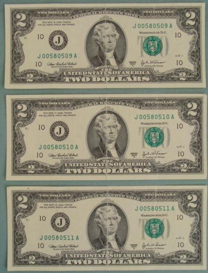 (3) 2003 A Consec # $2 Two Dollar Bills J Mint KC MO: 3) 2003-A $2 Notes with consecutive serial numbers * Mint mark: J (Kansas City) * *Bills you receive will have a different serial number from the ones shown