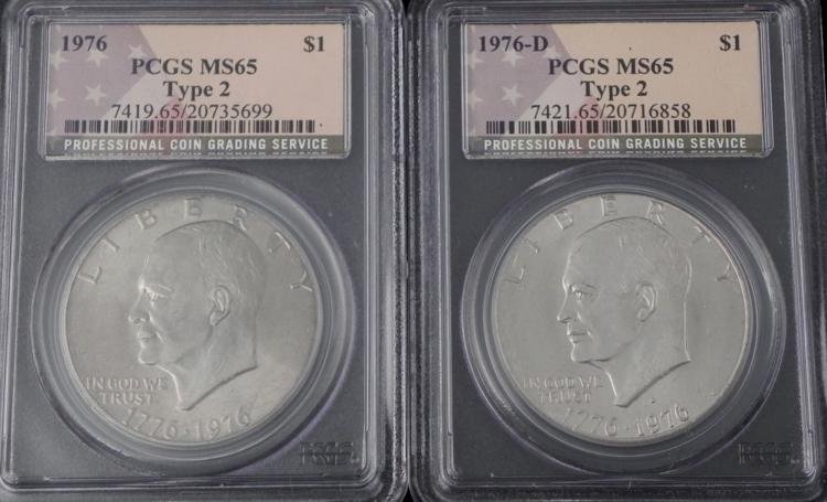 2 1976 & 1976-D Ike Dollars PCGS MS65 Type 2: 2 Eisenhower Dollars * Dates: 1976 & 1976-DGrade: MS65Graded by: Professional Coin Grading Service
