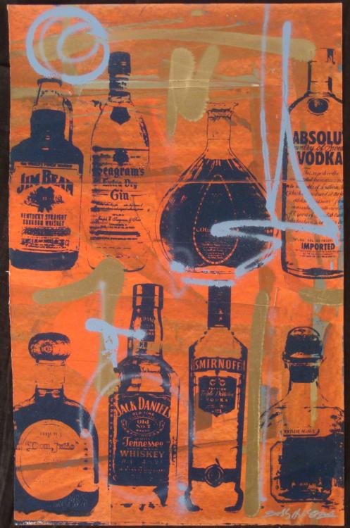 Bobby Hill Original Signed Painting Bottles Red II: This is an original Pop Art painting of by noted urban artist Bobby Hill. * The selection of liquors here seem to be an invitation to pick your poison--in deep red, with gold and blue blue streaks of 