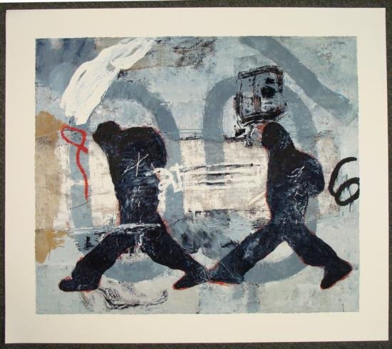 Zhou Brothers Giclee Abstract Art Print "Travel Europe": This is a Giclée Art Print by the Zhou Brothers. The two figures are travelers in Europe, perhaps walking down a street, or catching a train. The abstract background, with hand embellished black 