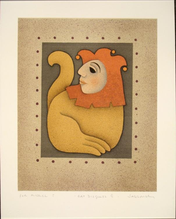 Cat Disguise II Art Print Carol Jablonsky: My king and queen, I present you the eloquent Cat Jester, at your service... * Artist: Carol Jablonsky Title: Cat Disguise II Medium: Print on Paper Signature: in pencil, lower ri