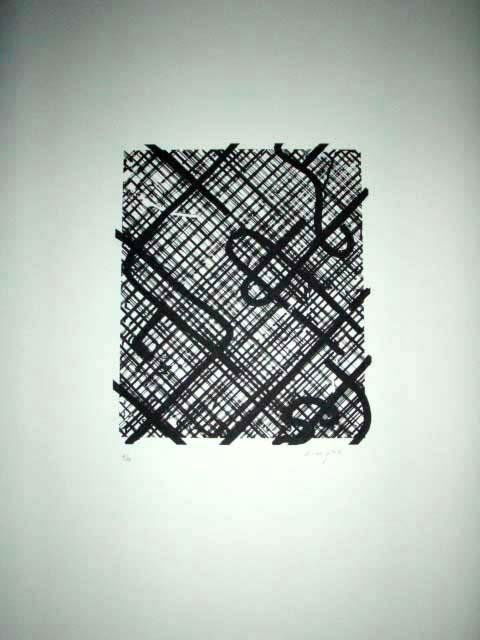 Ed Moses Signed LE Art Print Ricco Trac: This art print is composed with a wandering trail of lines over a cross-hatched background. * Artist: Ed MosesSignature: Signed by the artistTitle: "Ricco Trac"Medium: Lithograph on paperSize: 30" x 2