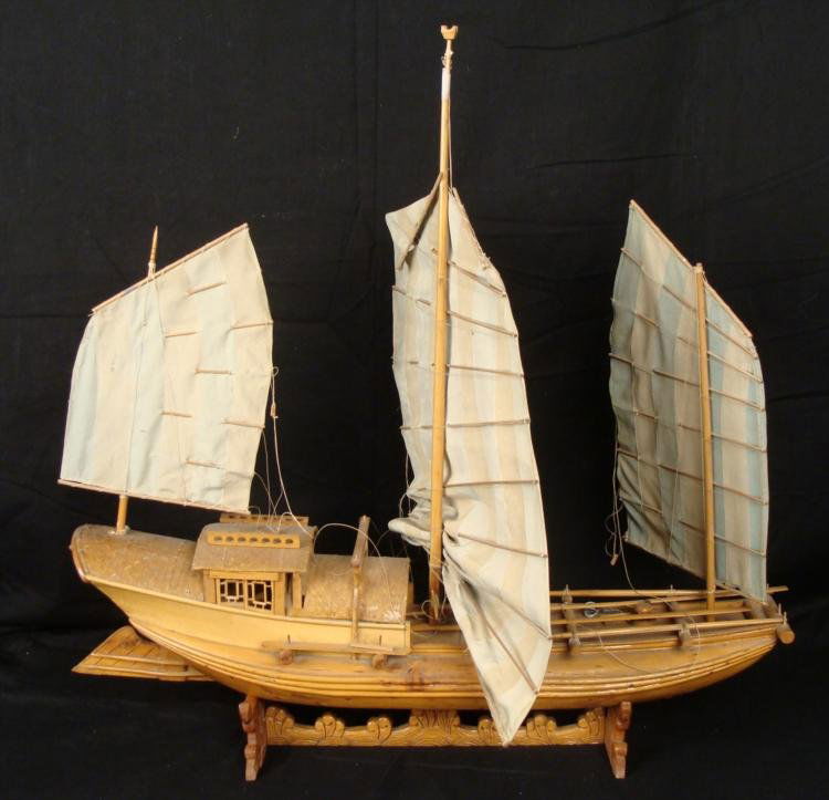 Chinese Vintage Wooden Ship Model Boat Junk 2 ft long: This is a Chinese model of a Junk, all made of wood and cloth, with wonderful detail. The cabin section has roofs of woven bamboo. The sails are pale blue and white, with multi-piece stitching, making