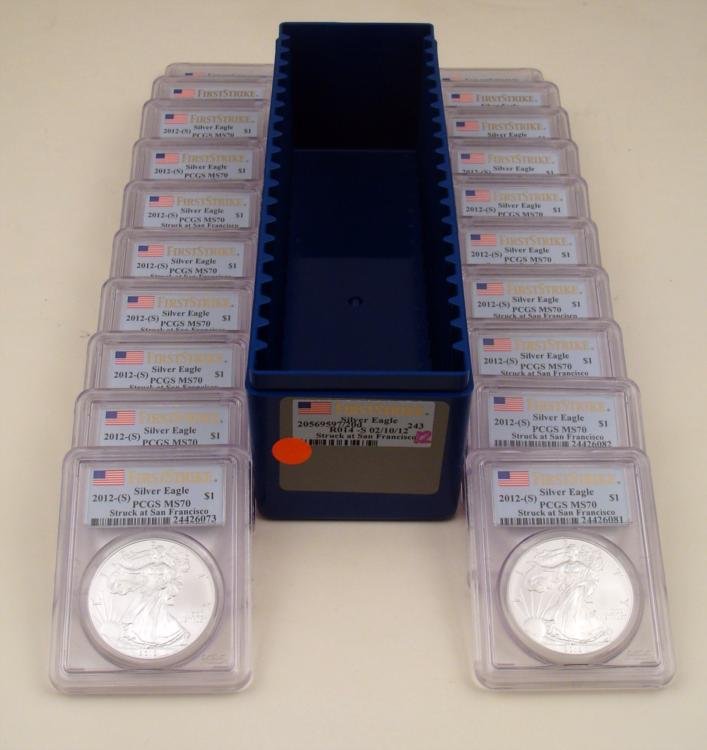 2012-S Silver Eagle Set 20 Coins PCGS MS70 In Box: Full set of 20 encased coins of the 2012-S Silver Eagle, in the original lidded box * Minted in: San Francisco (no mint mark)Grade: MS70, First StrikeGraded by: PCGS Professional Coin Grading Service