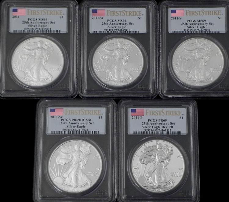 Set 5 25th Aniversary Silver Eagle Liberty MS69 DCAM PR: 5 piece set 25th Anniversary First Strike Silver Eagles * 2011, MS692011-W, MS692011-S, MS692011-W, PR69 DCAM Proof2011-P, PR69 ProofGraded by: Professional Coin Grading Service