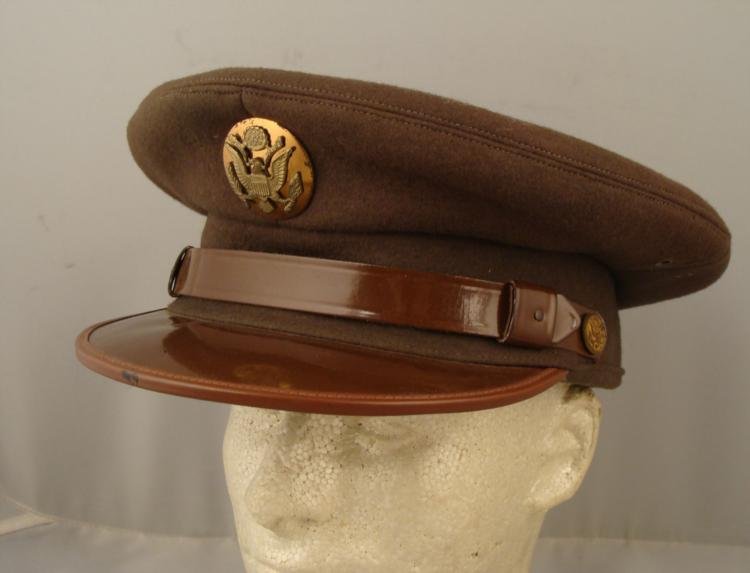 U.S. Army Officers Hat Korea Military: U.S. Army Officers Hat * Era: Most likely KoreaDetails: Olive wool, brown strap, with leather sweat bandSize: 23" approximate circumferenceCondition: Very good