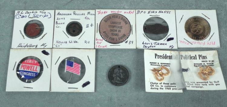 10 Medals, Tokens, Etc Political Items, Medals: 5 miscellaneous Political Items and 5 medals and tokens: * Tokens: Texas striptease, wooden nickel, GM 50 Million, coal scrip, American Rolling Mill Boone Co. Nellis W. VA, BPO Elks No. 585 Dayton Ken