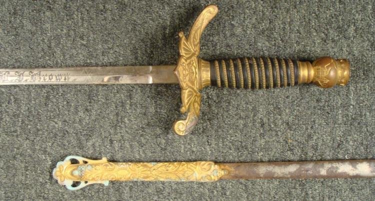 c1900 ODD FELLOWS/PATRIARCHS MILITANT SWORD NAMED: c1900 IOOF/INTERNATIONAL ORDER OF ODD FELLOWS/PATRIARCHS MILITANT SWORD & SCABBARD-NAMED * NICE 100+ YEAR OLD SWORD FROM THE PATRIARCHS MILITANT/IOOF--CROWNED GLOBE POMMEL-NICE WRAPPED LEATHER GRI