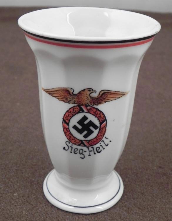 RARE ORIGINAL EARLY NAZI GOBLET-4" TALL-EAGLE&SWASTIKA: RARE ORIGINAL EARLY NAZI GOBLET-4" TALL-EAGLE&SWASTIKA-READS "SIEG HEIL" * EX COND EARLY WWII ERA SIEG HEIL NAZI PORCELEIN GOBLET-FLUTED W/FLAIRED TOP & BOTTOM *