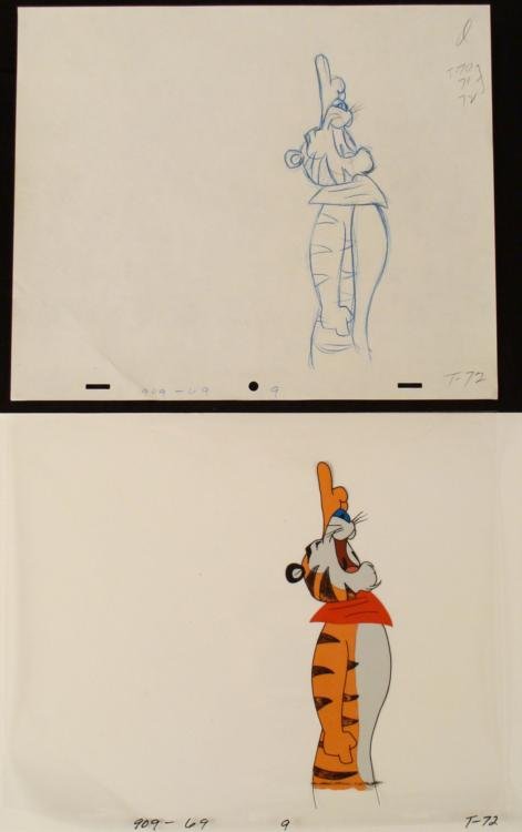 Tony the Tiger Production Victory Cel Original Drawing: Victory is mine!! * * * Original Drawing and Animated Cel Original "rough" animation drawing, in non-photo blue and red with the notations in non-photo blue and black * * Overall size is a 1