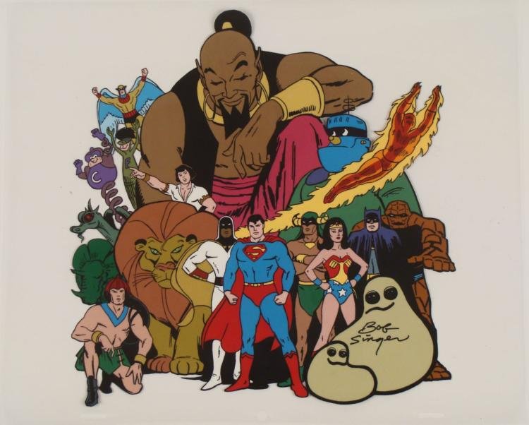 18 Superheroes Signed Original Model Cel Animation Art: This is an original animation model cel featuring 18 superheroes from Hanna-Barbera cartoons. * They include Superman, Wonder Woman, Batman, the Thing, and more--it's quite a group, all packed 