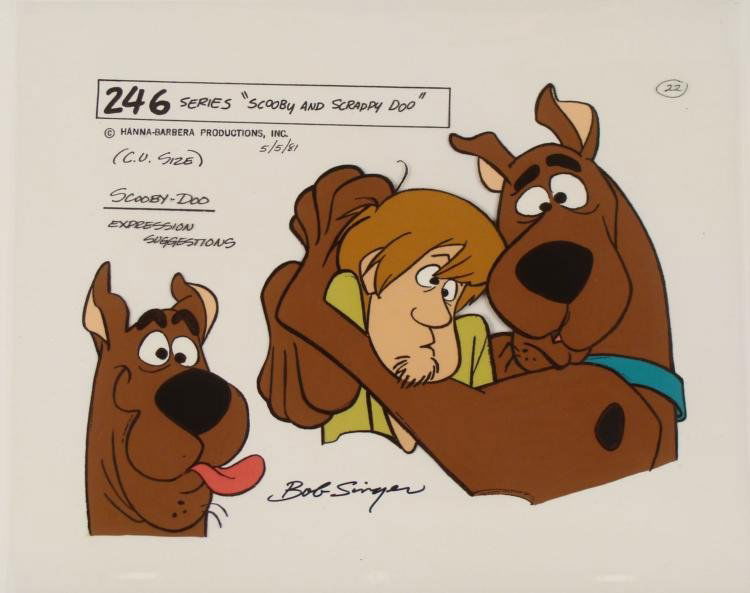Scooby Doo & Shaggy Signed Orig Model Cel Animation Art: This is an original production animation model cel from the television series "Scooby Doo". * This cel features two images of Scooby Doo- one silly, and one frightened and holding onto his frien