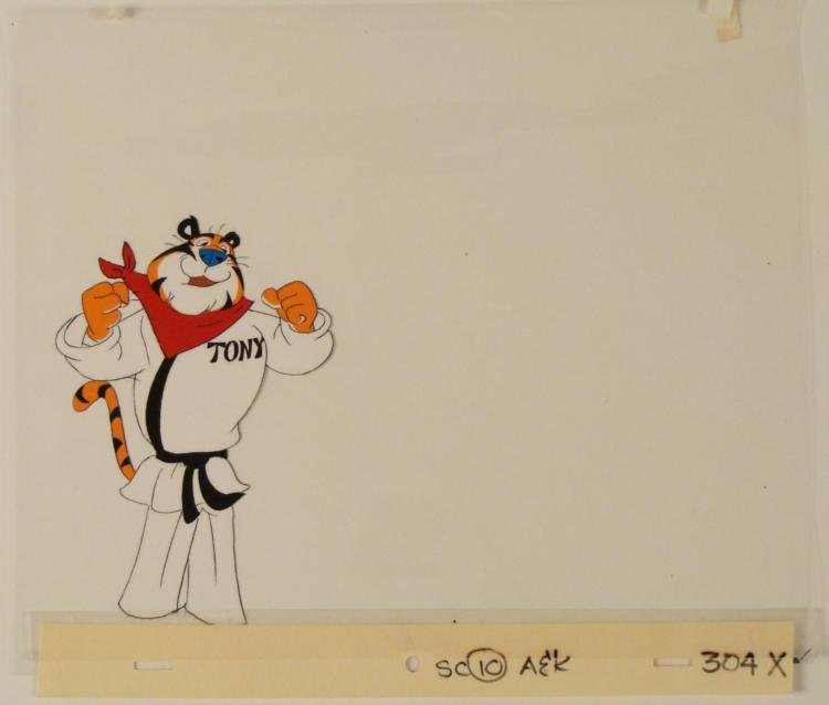 Bandana Original Animation Cel Tony The Tiger Frosted: Tony has a sweet bandana * * * Original Drawing and Animated Cel * Details: Animators notation at the bottomMedium: Hand painted cel acetateOverall Size of the Cels: 10 1/2" x 12 1/2" *