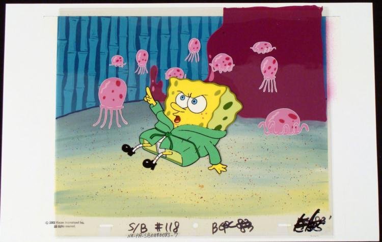 SpongeBob Animation Cel Background Angry Jellies Orig: This animation cel and reproduction background are from the Nickelodeon TV show SpongeBob Squarepants. The story takes place under the deep blue sea in Bikini Bottom, where Sponge