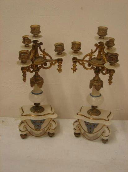 ET0503120149 Pair of Alabaster and Gilt Metal 3 branch: Pair of Alabaster and Gilt Metal 3 branch 4 light candalabra with Turquoise decoration
