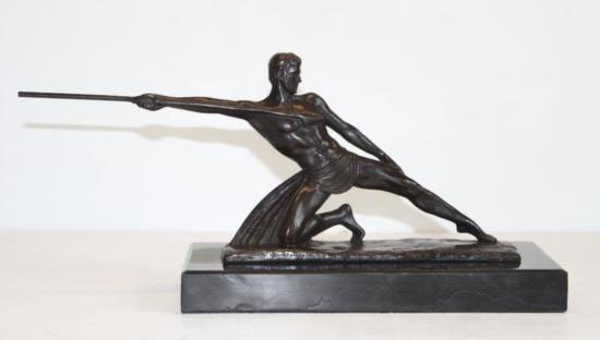 Radiant Nude Male Warrior with Spear Bronze Sculpture: Radiant Nude Male Warrior with Spear, Bronze Sculpture, After Chiparus 7"H x 15"L x 4"D 10lbs. This bronze sculpture was produced using the Lost Wax casting method. The Lost Wax Cast method is