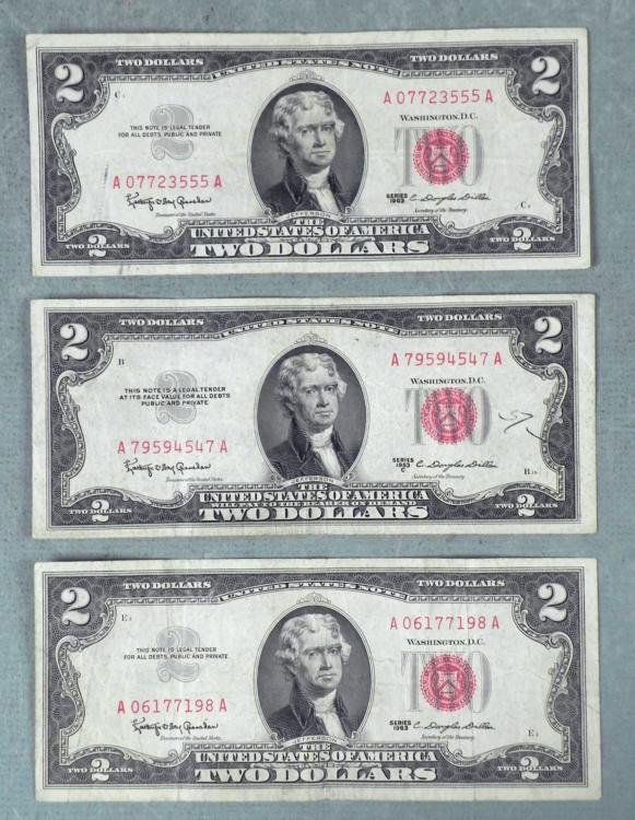 3 Old Red Seal Two Dollar Bills- 1953 1953C 1963: Here are three old Red Seal Two Dollar Bills - 1953, 1953C, 1963. *