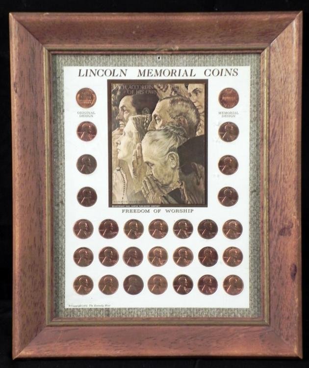 Framed Lincoln Memorial Coins 1959-1971 All Mint Marks: Offered here is a 10 1/4" x 12 1/4" wooden frame of 29 different dates, 1959-1971 Lincoln Memorial coins, including all mint marks. In the center of the frame is a Norman Rockwell phot