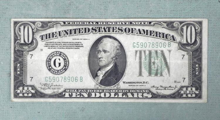 1934A US Ten Dollar Note Large Green Seal: Offered here is a real nice 1934A Ten Dollar Bill with a large Green Seal. *