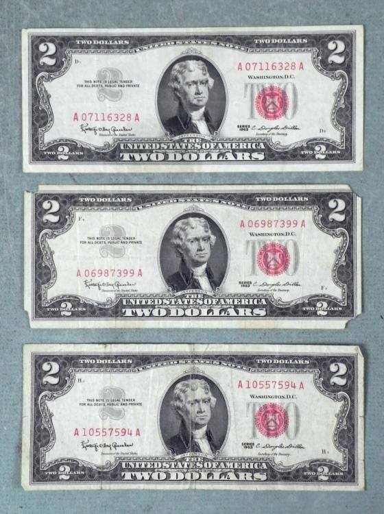 3) Two Dollar Bills Notes 1963 Red Seal: Here are three 1963 Red Seal two dollar bills. *