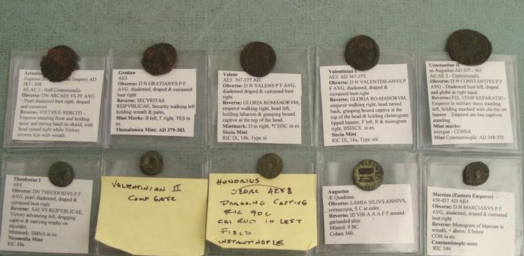 10 Ancient Roman Coins- Honorius Arcadius Valens: Lot of 10 ancient Roman coins, each in a plastic sleeve with description * GratianAugustusConstantius IIValensTheodosius IHonoriusArcadiusValentinain IIValentinian IMarcian * Size range: 7- 20 mm in d