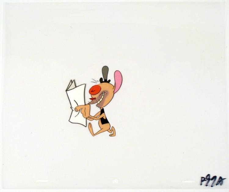 Orig Cel Read Newspaper Ren And Stimpy Cel Production: This is an original production animation cel from the Nickelodeon TV show Ren & Stimpy. The show follows two characters - Ren, a crazy Chihuahua - and - Stimpy, an incredibly stupid