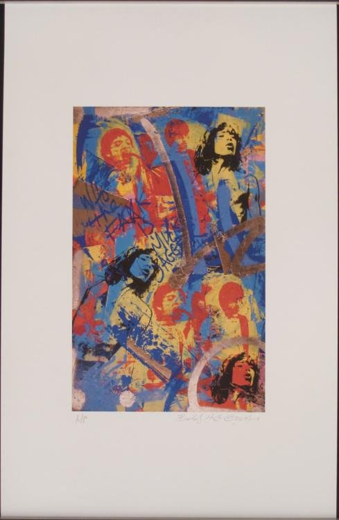 Bobby Hill Signed Mick Jagger Rolling Stones Art Print: During the Rolling Stones Tour of America in 1975, Keith Richards wore a t-shirt that read "Who the F**k is Mick Jagger?" That cocky attitude has been translated into this Pop Art print, with photo im