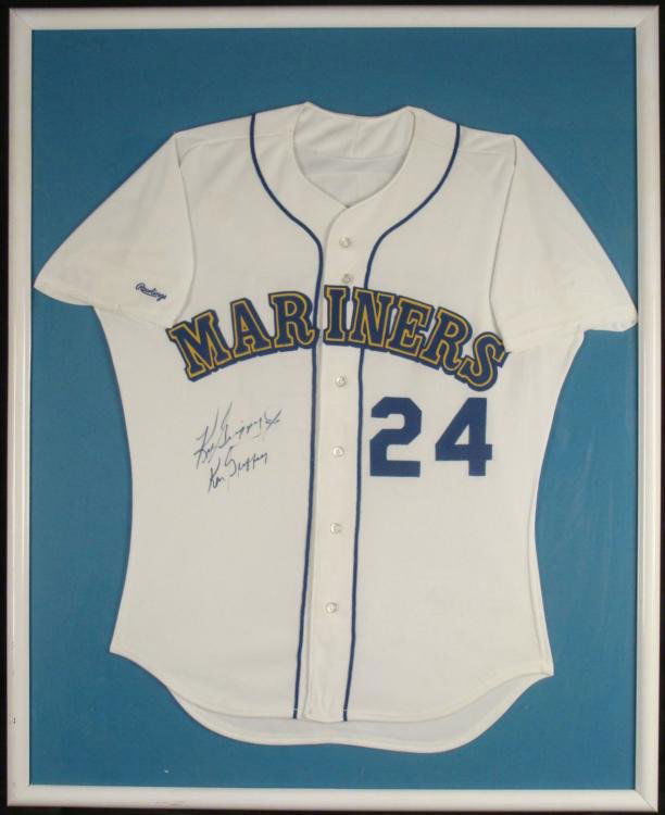 Ken Griffey Jr & Sr Double Signed Mariners Jersey Rare: This Seattle Mariners jersey was signed by both Ken Griffey Jr., and his father Ken Griffey Sr. The autographs appear in black marker. The jersey is a Rawlings, with sewn satin letters and