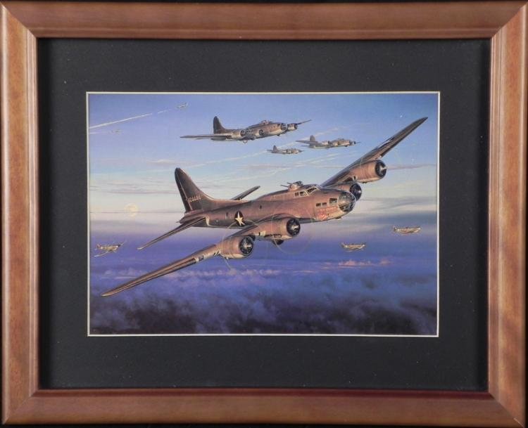 WWII FRAMED PRINT OF BOMBER & FIGHTER PLANES: THIS IS A WELL-DONE, ACTION DRAWING, WWII PRINT OF BOMBER & FIGHTER PLANES. IT WAS PROFESSIONALLY FRAMED AND MEASURES OUT TO BE 13X16" * * *