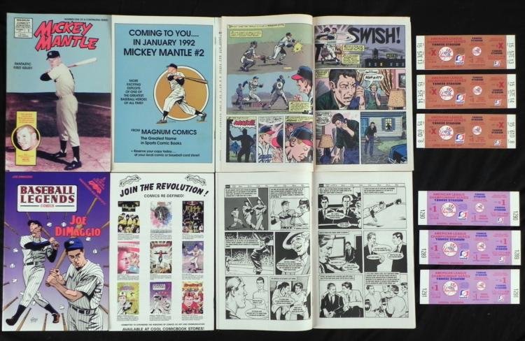 12 NY Yankees Items Mantle DiMaggio Comics, ALCS Ticket: This is a dozen New York Yankees items, all in Near Mint to Mint condition. * 3 copies of Mickey Mantle First Issue, from Magnum Comics3 copies of Joe DiMaggio Baseball Legends from Revolutionary Comi
