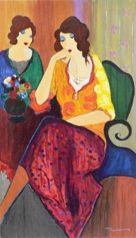 Pleasant Thoughts by Tarkay 45x27 S/N: Itzchak Tarkay was born in 1935 in Subotica on the Yugoslav-Hungarian border. Towards the end of World War II, Tarkay was sent with his family to the Mathausen concentration camp by the Nazis. Tar