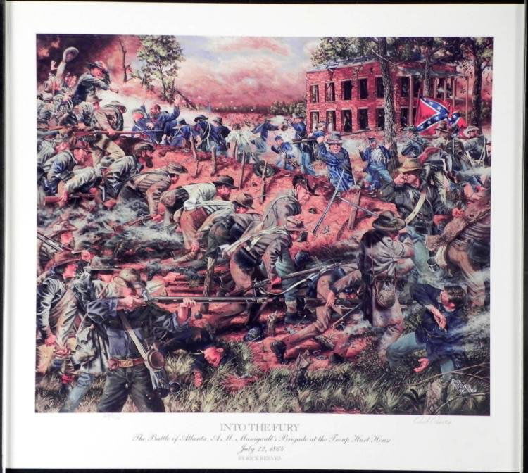 Rick Reeves Into the Fury Signed and Numbered Print: As Manigault's Brigade approached the Federal line they received heavy fire from the artillery at the cut, but with a spirited charge the brigade a whole overtook the enemy's breastwork. With a