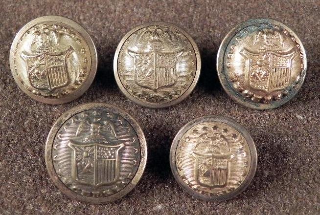 5 New York Antique Gilt State Seal Coat Buttons: 5 New York Antique Gilt State Seal Coat Buttons * Obverse: Shield and eagle with stars, and motto EXCELSIORReverse: WATERBURY BUTTON CO.; SCOVILL MF'G CO; WATERBURY, STATE OF NEW YORK; JOHN F. BOYLAN,