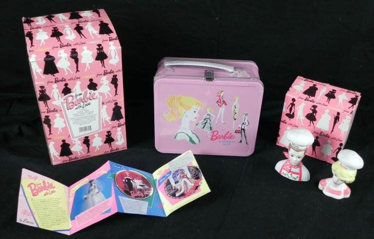 3 Barbie Items Enesco Salt Pepper Lunchbox Figurine MIB: 3 Barbie Items Enesco Salt Pepper Lunchbox Figurine MIB * Items included:Barbie & Ken Chefs Salt and Pepper Shakers: Enesco * Picnic, 1959 Fashion Collection Figurine: Enesco * The Barbie Lunch Ki
