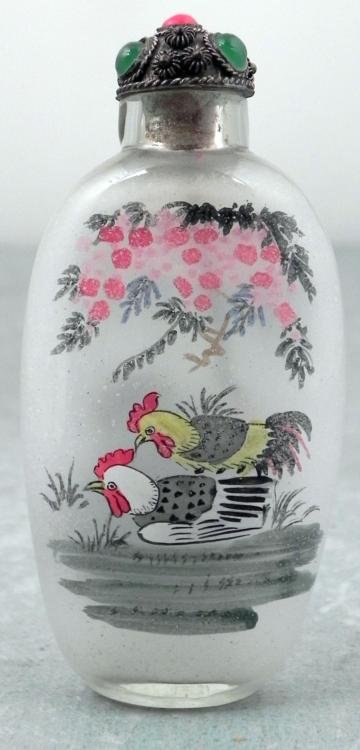 Glass Hand Painted Snuff Bottle w/ Chicken & Rooster: Here is a snuff bottle in transluscent white glass, with delicate hand painted scenes of chickens and roosters, along with flowers. The cap has elegant filigree and beadIts dimensions are 1 1/2 x 3 1/