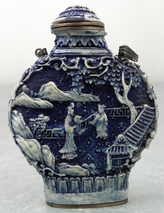 Vintage Clay Chinese Snuff Bottle w/ Jade Colored Scene: Here is a vintage snuff bottle made of clay, with relief images of figures and houses, tinted in jade tone. The cap is clay with metal washers. Its dimensions are 2 x 2 3/4 inches. Its condition is ve