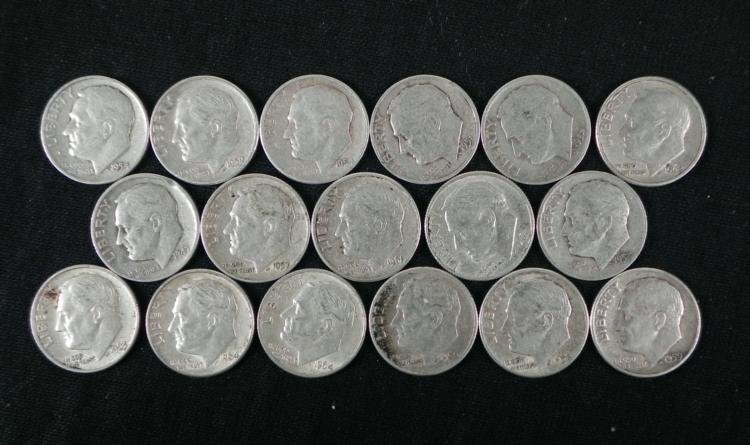 17 Different Dates Silver Roosevelt Dimes 1947-1964: Here are 17 different dates silver Roosevelt dime coins. In this lot you will receive: * * * 194719511952- D1953-D * * 1954- P & D1957 * * 1958-D1959-P & D * * 1960-D * * 1961-D * * 1962