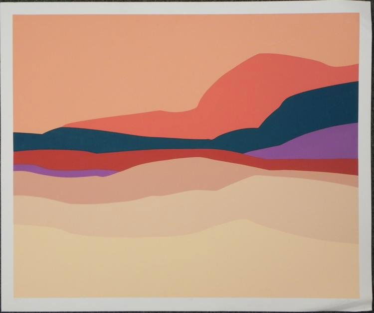 Strata B Artist Signed Proof Modern Landscape Art Print: This landscape features layers of colors receding into the rocky distance. Signature: In pencil, lower right Title: Strata B Edition: Artist's Proof, marked A/P Medium: Lithograph on paperSheet size: