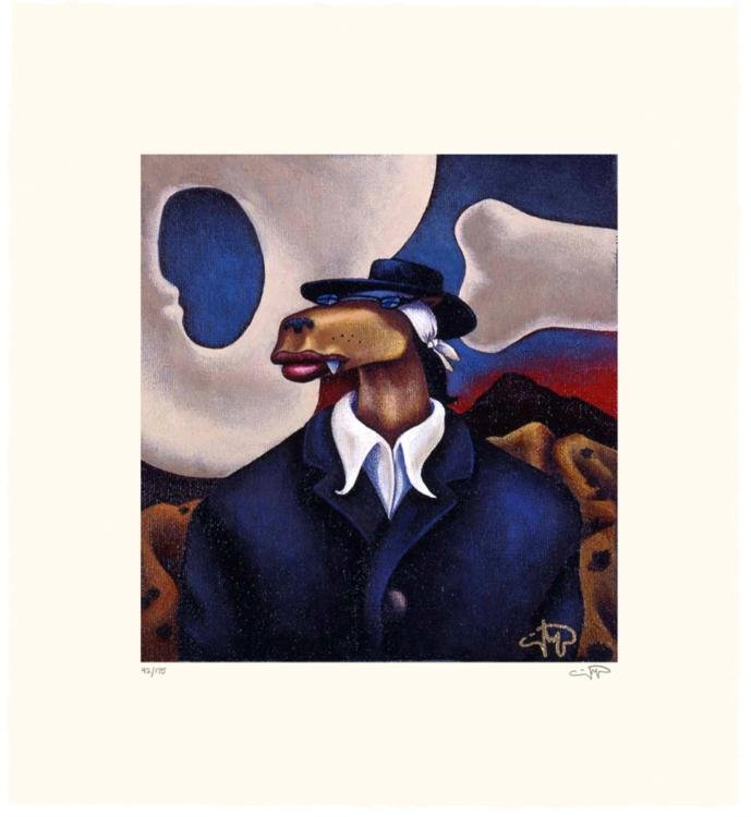 Markus Pierson 'COYOTE PORTRAIT OF O'KEEFE' Paper: Artist: Markus PiersonTitle: Coyote Portrait of O'KeefeMedium: Serigraph on PaperOrientation: verticalImage Size: 10 x 11.5 inchesPaper Size: 17 x 18 inchesEdition Size: 175: Hand-deckled edges, Signe