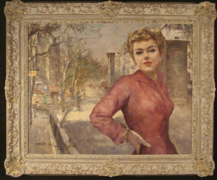 Pal Fried Original Painting Street Scene Woman Purple: This pleasant street scene is highlighted by a seductive woman in light purple with white gloves, standing out in sheer elegance over the background. * Artist: Pal FriedTitle: Blanche Medium: Oil on c