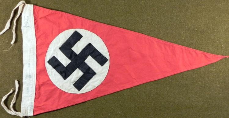 Nazi Triangle Pennant Flag w/Swastika Berlin 1941: This is a Nazi pennant, which we believe dates from 1941, Berlin. It is cloth, multi-piece sewn, with sewn swastika on either side, edge and tassels. The size is 22 x 12 inches. Its condition is very 