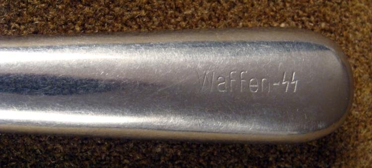 NAZI WAFFEN SS DINING HALL KNIFE-RARE ORIGINAL MARKED: NAZI WAFFEN SS DINING HALL KNIFE-RARE ORIGINAL & FULLY MARKED- 9 1/2" LONG * * HANDLE ENGRAVED "WAFFEN-SS" AND "ROSTFREI" MARKED ON HANDLE AND BLADE-EXTREMELY RARE EARLY QUALITY